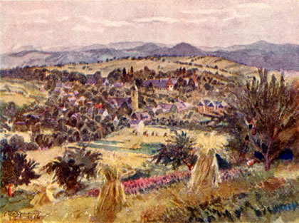 Pohled na Bludov z Učitelova vrchu - akvarel od Adofla Kašpara z roku 1926 pro Paměti obce Bludova