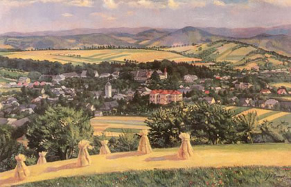 Pohled na Bludov z učitelova kopce - Obraz J. V. Barneta.