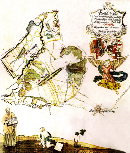 Katastrální mapa Bludova, Chromče a Bohutína. Jedna ze souboru katastrálních map náležících od 1. dubna 1710 Žerotínům. 