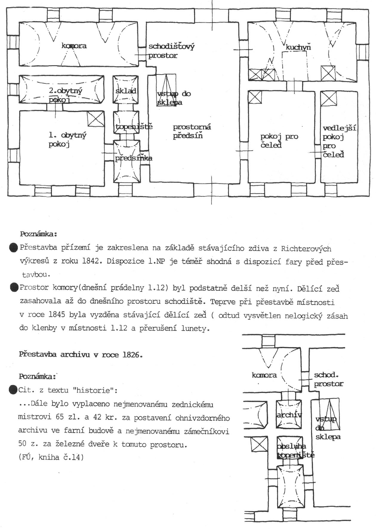 Dispozice 1. nadzemního podlaží po roce 1821 a výstavba archivu v roce 1826( kresba Eva Kösslerová). 