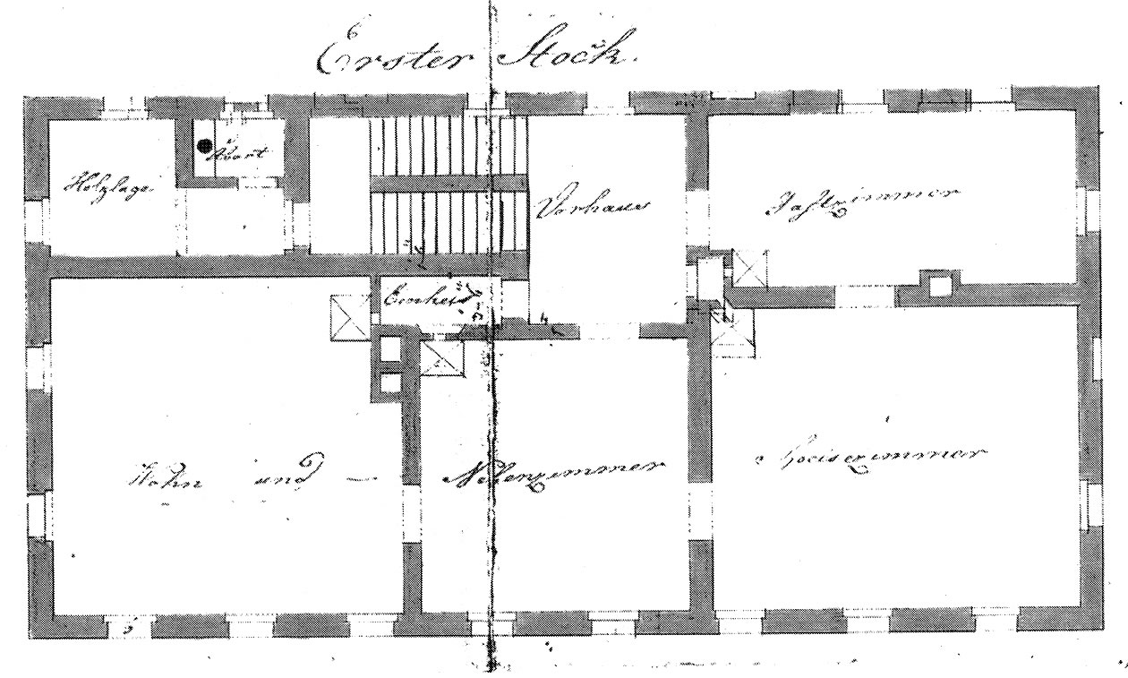Plán přestavby fary od Ignáce Richtera z 28. října 1842 (SOkAŠ, FÚB, karton č. 1). 
