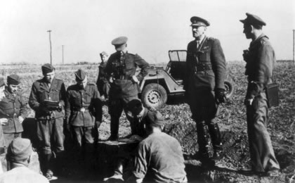 Poland- Dukla Pass, terrain near  town Besko, September 1944 From right; Staff Captain Hlasny (speeking), Lt/Colonel Prikryl, Major Misin and other officers from paradesant brigade
