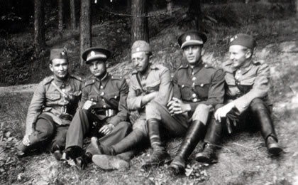 Slovak Republic, September 1944; The group of Slovak partizan- soldiers; at the photo centre Karel´s older brother Lieutnant  of the reserve Antonin Hlasny, with friends during Slovak National Uprising