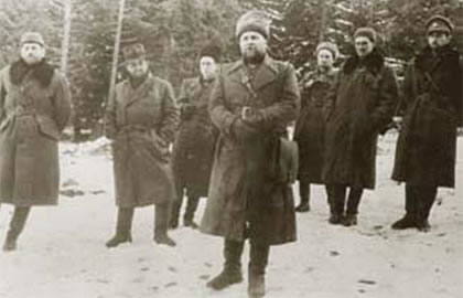 Slovak Republic, Low Tatras Mountains on November 7, 1944; Speach or order of Colonel Asmolov standing in the front of  partisan group of 100- 200 former soldiers, mostly from  the 2nd Czechoslovak Paradesant Brigade From left; Colonel Prikryl, representative Lausman, Military Commissioner of paradesant brigade Michail Mojsejevic  Glider, Major Skripka, representative Slansky and Staff Captain Karel Hlasny